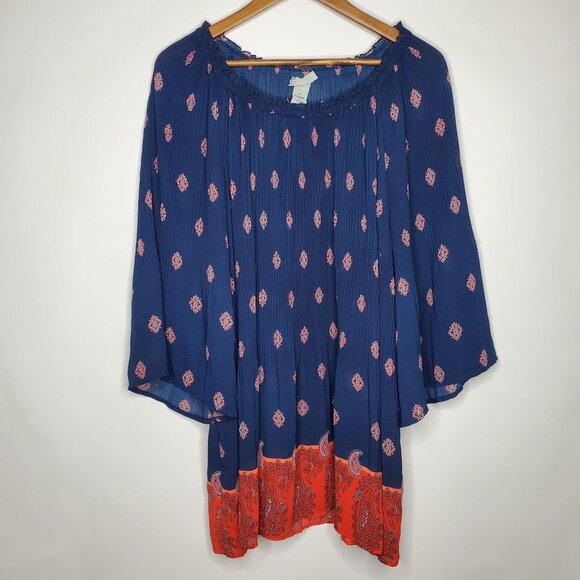 Catherines Womens Blue Red Medallion Crinkle Blouse Size 2X 3/4 Sleeve Stretchy - Picture 1 of 7
